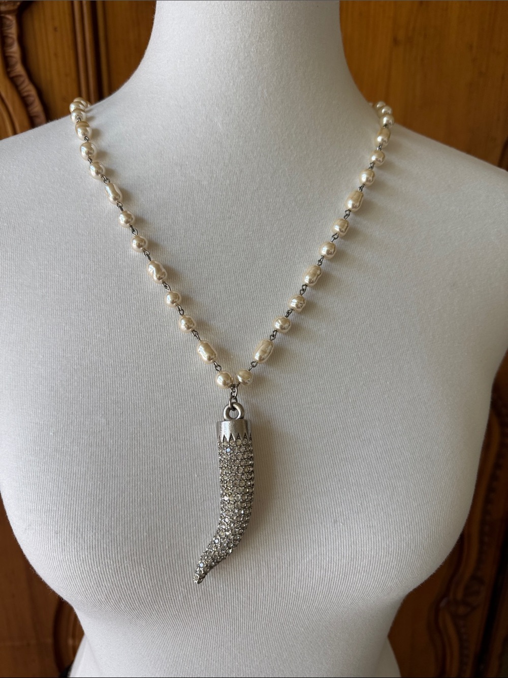 Massini 17” Pearl Strand Necklace with Pave Swarovski Crystal Horn Pendant.